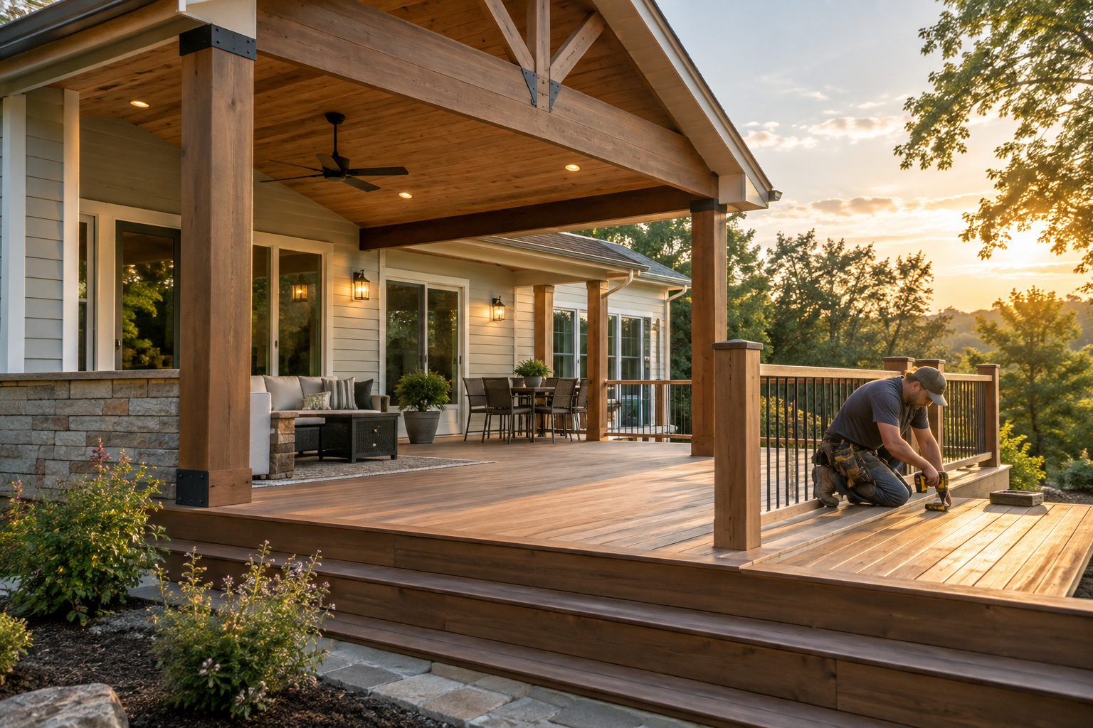 Carpenter completing a covered deck addition